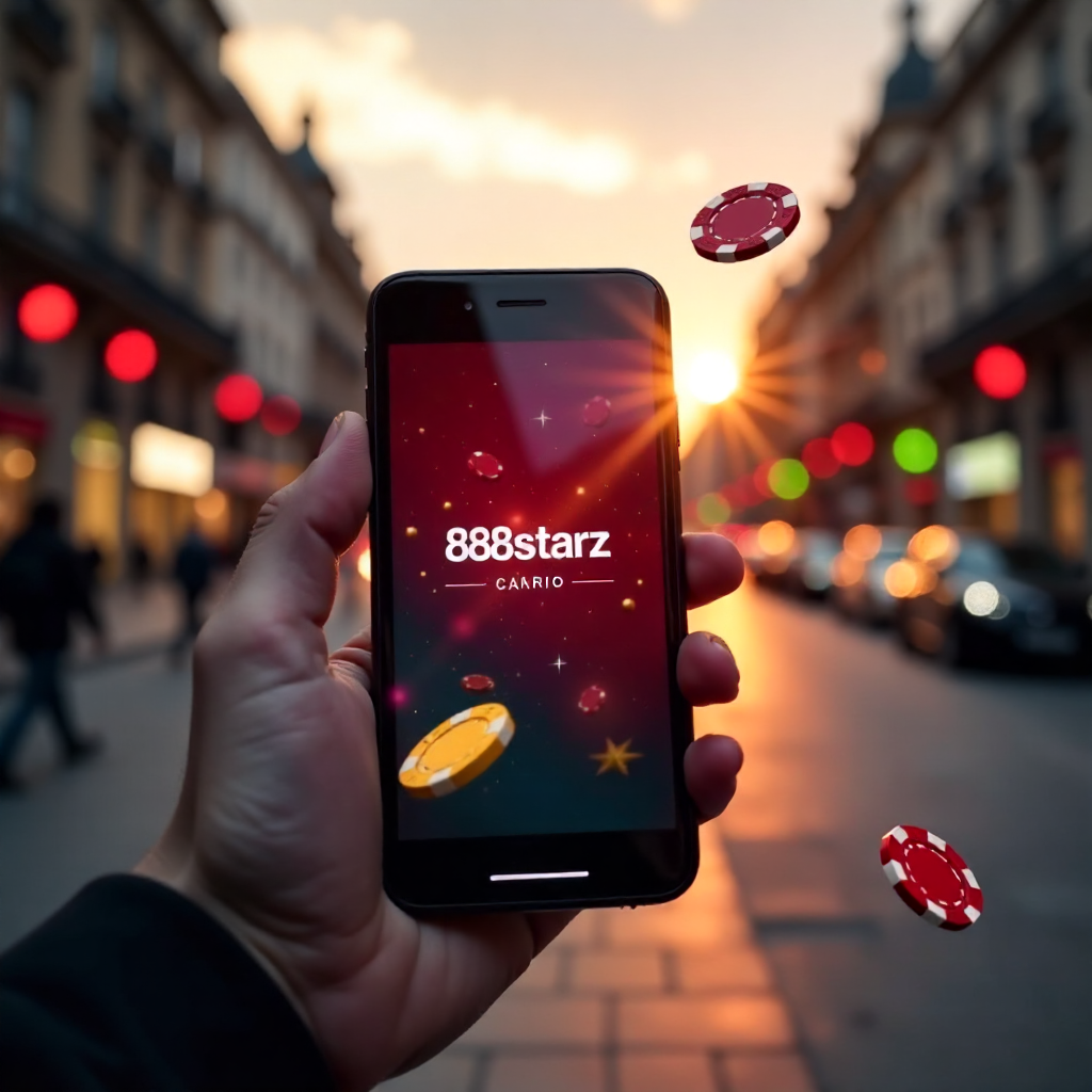 A premium smartphone in a hand with the 888starz app interface, background featuring a blurred Gran Vía in Madrid at sunset, 3D flying gold coins and red poker chips, brand colors red and black, hyper-realistic, 8k.